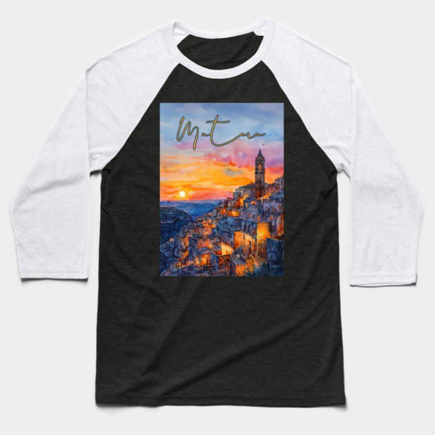 Matera Italy Watercolor Painting – Historic Stone City Travel Art Baseball T-Shirt by TuncGK