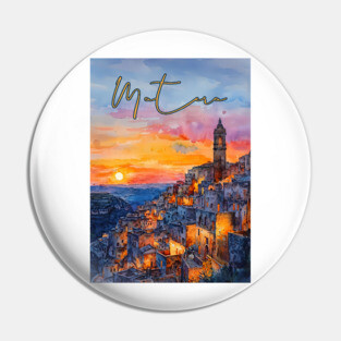 Matera Italy Watercolor Painting – Historic Stone City Travel Art Pin