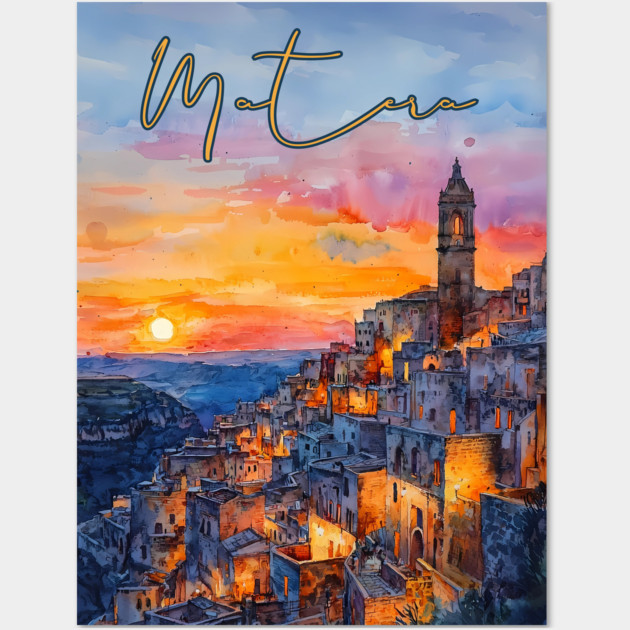 Matera Italy Watercolor Painting – Historic Stone City Travel Art Wall Art by TuncGK