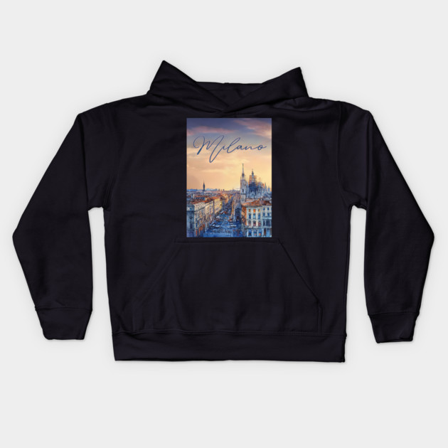 Milan Duomo Skyline Watercolor Print – Italy Travel Poster Kids Hoodie by TuncGK
