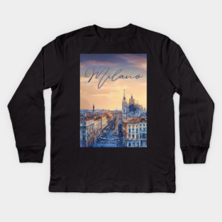 Milan Duomo Skyline Watercolor Print – Italy Travel Poster Kids Long Sleeve T-Shirt
