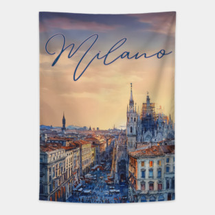 Milan Duomo Skyline Watercolor Print – Italy Travel Poster Tapestry