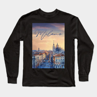 Milan Duomo Skyline Watercolor Print – Italy Travel Poster Long Sleeve T-Shirt
