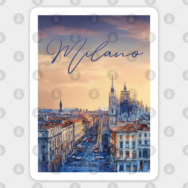 Milan Duomo Skyline Watercolor Print – Italy Travel Poster Sticker by TuncGK