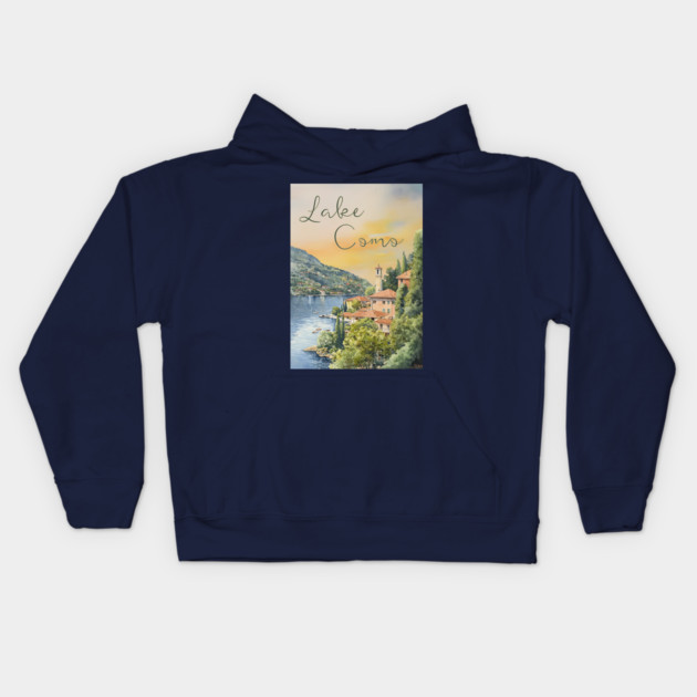 Lake Como Italy Watercolor Painting – Tranquil Travel Art Print Kids Hoodie by TuncGK