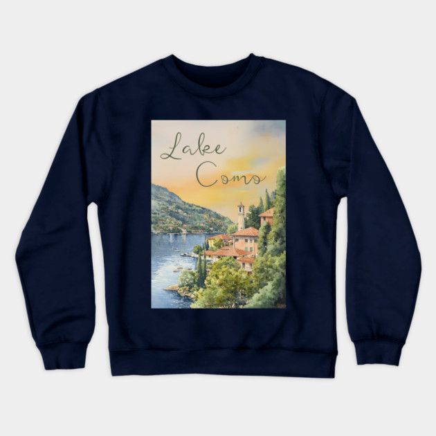 Lake Como Italy Watercolor Painting – Tranquil Travel Art Print Crewneck Sweatshirt by TuncGK