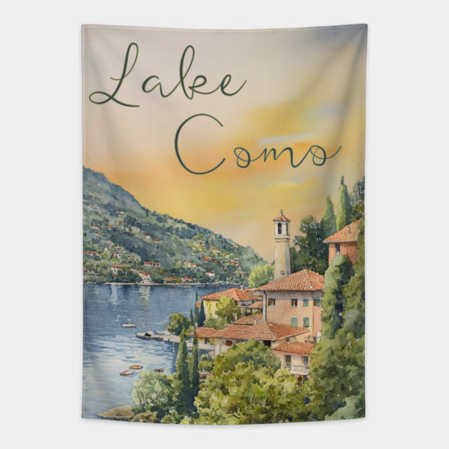 Lake Como Italy Watercolor Painting – Tranquil Travel Art Print Tapestry by TuncGK