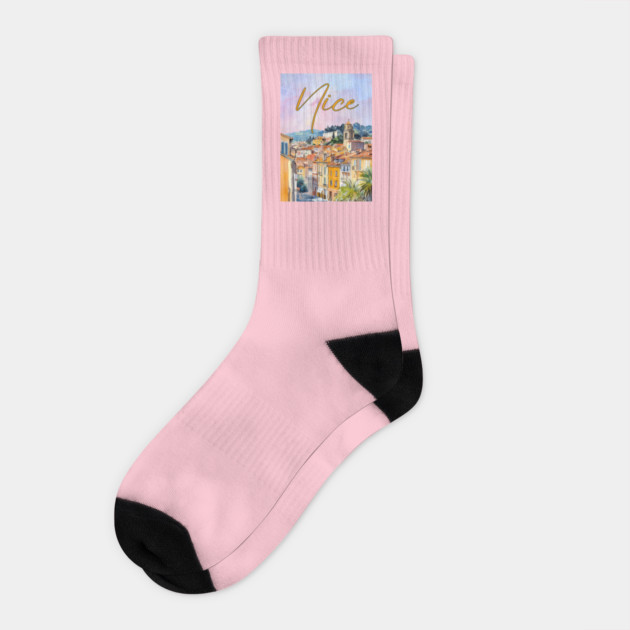 Nice France Watercolor Poster – French Riviera Travel Art Print Socks by TuncGK