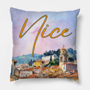 Nice France Watercolor Poster – French Riviera Travel Art Print Pillow