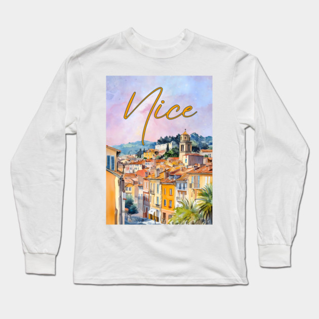 Nice France Watercolor Poster – French Riviera Travel Art Print Long Sleeve T-Shirt by TuncGK
