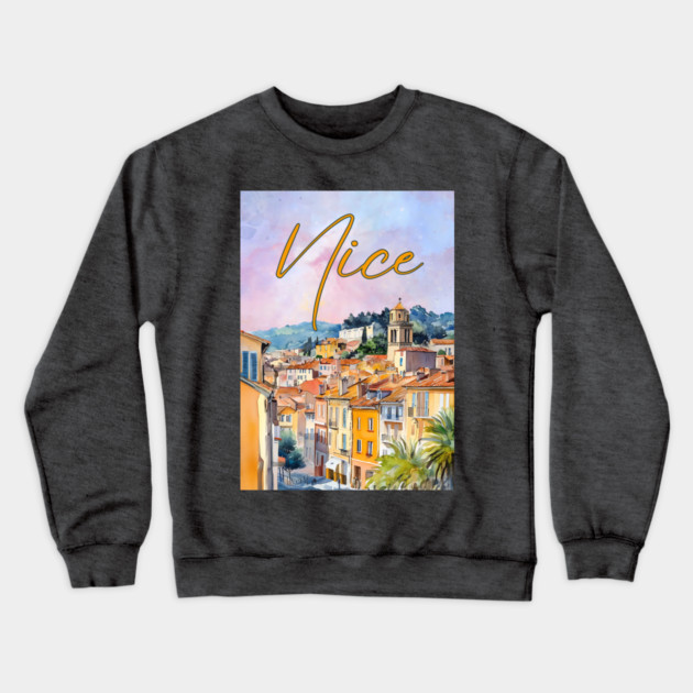 Nice France Watercolor Poster – French Riviera Travel Art Print Crewneck Sweatshirt by TuncGK
