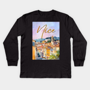 Nice France Watercolor Poster – French Riviera Travel Art Print Kids Long Sleeve T-Shirt