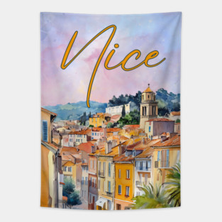 Nice France Watercolor Poster – French Riviera Travel Art Print Tapestry