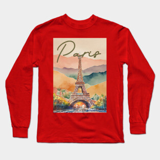 Paris Eiffel Tower Watercolor Print – Romantic France Travel Poster Long Sleeve T-Shirt