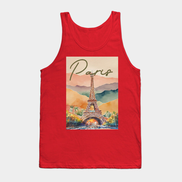 Paris Eiffel Tower Watercolor Print – Romantic France Travel Poster Tank Top by TuncGK