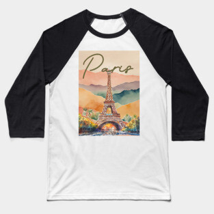 Paris Eiffel Tower Watercolor Print – Romantic France Travel Poster Baseball T-Shirt