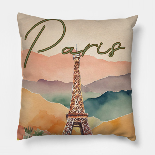 Paris Eiffel Tower Watercolor Print – Romantic France Travel Poster Pillow by TuncGK
