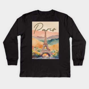 Paris Eiffel Tower Watercolor Print – Romantic France Travel Poster Kids Long Sleeve T-Shirt