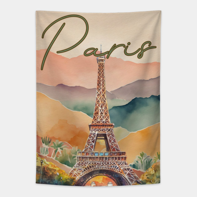 Paris Eiffel Tower Watercolor Print – Romantic France Travel Poster Tapestry by TuncGK