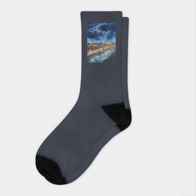 Florence Italy Watercolor Skyline – Arno River at Night Print Socks by TuncGK