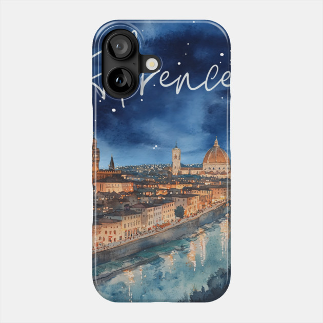 Florence Italy Watercolor Skyline – Arno River at Night Print Phone Case by TuncGK