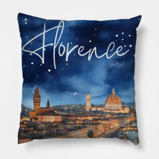 Florence Italy Watercolor Skyline – Arno River at Night Print Pillow