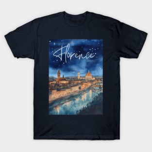 Florence Italy Watercolor Skyline – Arno River at Night Print T-Shirt