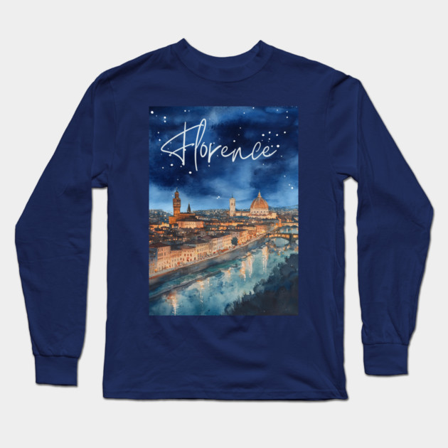 Florence Italy Watercolor Skyline – Arno River at Night Print Long Sleeve T-Shirt by TuncGK