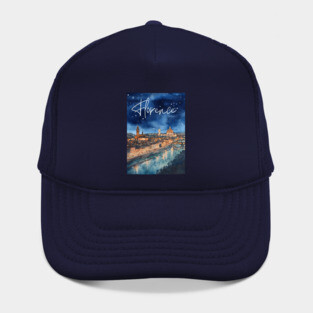 Florence Italy Watercolor Skyline – Arno River at Night Print Hat