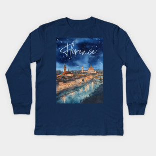 Florence Italy Watercolor Skyline – Arno River at Night Print Kids Long Sleeve T-Shirt