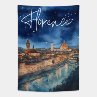Florence Italy Watercolor Skyline – Arno River at Night Print Tapestry