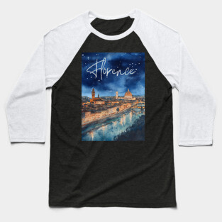 Florence Italy Watercolor Skyline – Arno River at Night Print Baseball T-Shirt