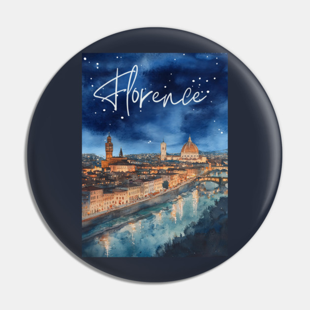 Florence Italy Watercolor Skyline – Arno River at Night Print Pin by TuncGK