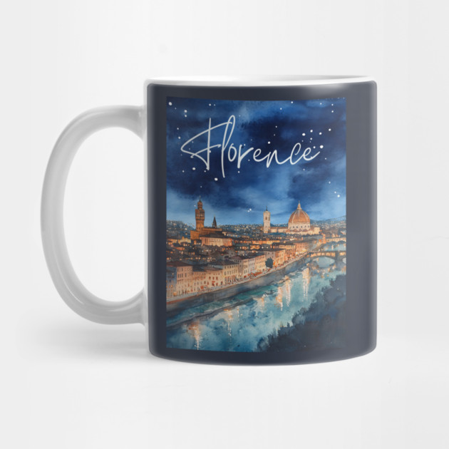 Florence Italy Watercolor Skyline – Arno River at Night Print by TuncGK