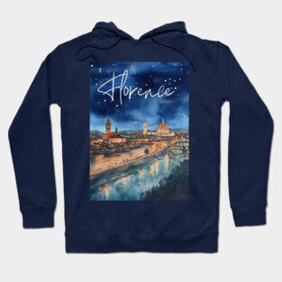 Florence Italy Watercolor Skyline – Arno River at Night Print Hoodie