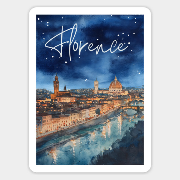 Florence Italy Watercolor Skyline – Arno River at Night Print Magnet by TuncGK