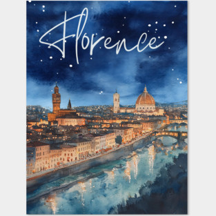 Florence Italy Watercolor Skyline – Arno River at Night Print Posters and Art