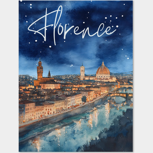 Florence Italy Watercolor Skyline – Arno River at Night Print Wall Art by TuncGK