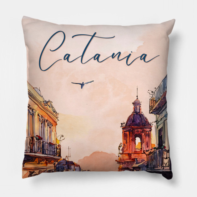 Catania Sicily Watercolor Print – Italian Seaside Travel Art Pillow by TuncGK