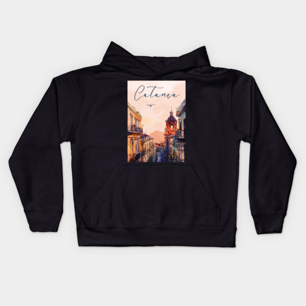 Catania Sicily Watercolor Print – Italian Seaside Travel Art Kids Hoodie by TuncGK