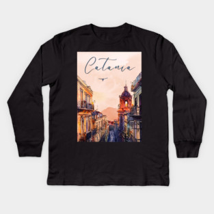 Catania Sicily Watercolor Print – Italian Seaside Travel Art Kids Long Sleeve T-Shirt