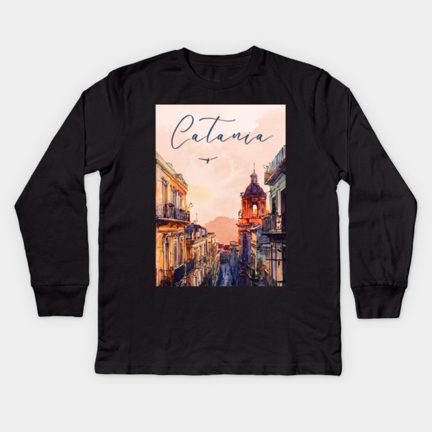 Catania Sicily Watercolor Print – Italian Seaside Travel Art Kids Long Sleeve T-Shirt by TuncGK