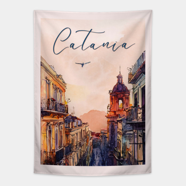 Catania Sicily Watercolor Print – Italian Seaside Travel Art Tapestry by TuncGK