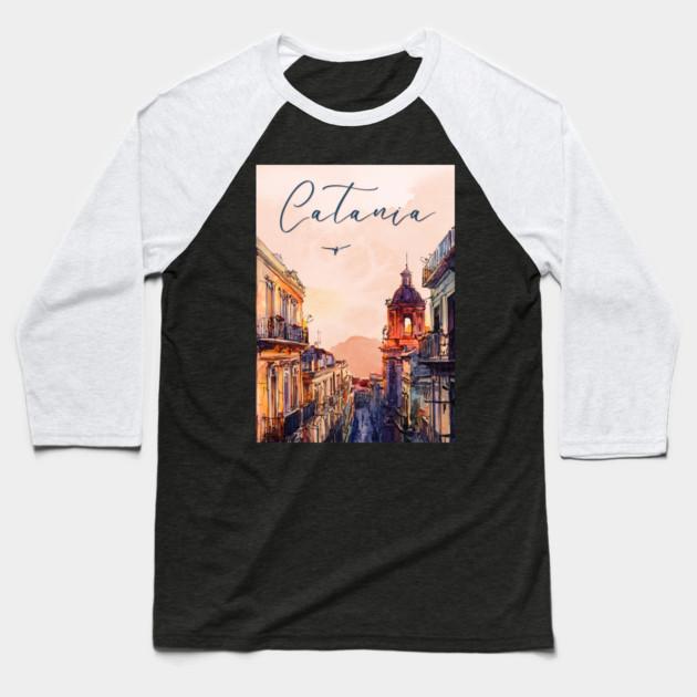 Catania Sicily Watercolor Print – Italian Seaside Travel Art Baseball T-Shirt by TuncGK