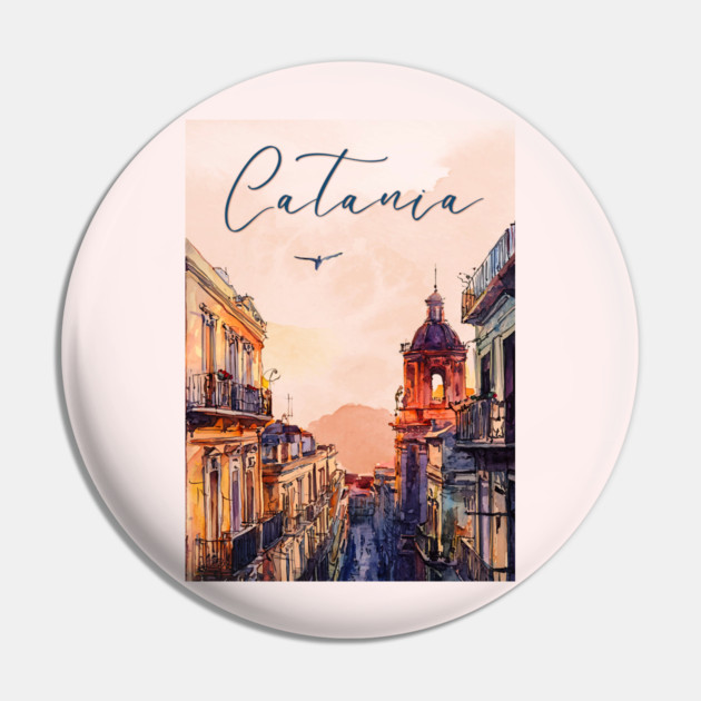 Catania Sicily Watercolor Print – Italian Seaside Travel Art Pin by TuncGK