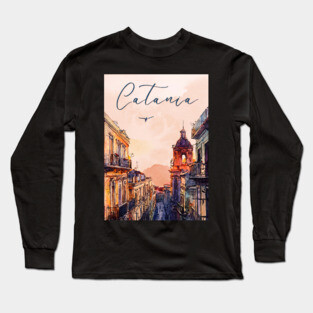 Catania Sicily Watercolor Print – Italian Seaside Travel Art Long Sleeve T-Shirt