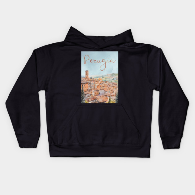 Perugia Italy Watercolor Poster – Tuscany Travel Wall Art Kids Hoodie by TuncGK