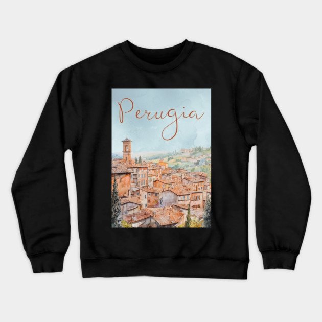 Perugia Italy Watercolor Poster – Tuscany Travel Wall Art Crewneck Sweatshirt by TuncGK