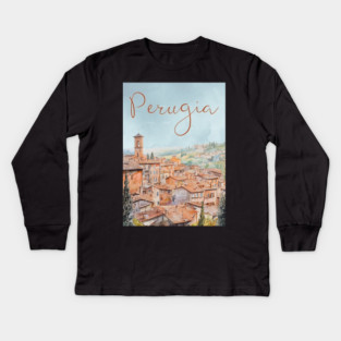 Perugia Italy Watercolor Poster – Tuscany Travel Wall Art Kids Long Sleeve T-Shirt