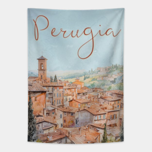 Perugia Italy Watercolor Poster – Tuscany Travel Wall Art Tapestry